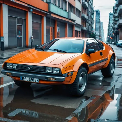 A 1990s car  a futuristic design for an urban contex an alien planet.,an orange car sits parked on a wet street,giugiaro,bricklin,70's icon,bumblebee,scirocco,lamborghini diablo,stratos,seventies,bert