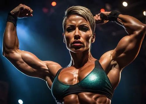 Female bodybuilder, muscular woman, strong pecs, toned arms, athletic physique, sweat dripping, intense gaze, bold eyebrows, short hair, sporty makeup, fitness competition stage, bright lights, dramat