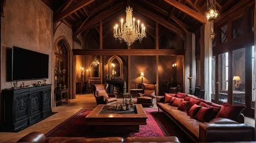 a well decorated living room has red sofas,great room,sitting room,interiors,hammerbeam,elizabethan manor house,loft,trerice in cornwall,fireplace,luxury home interior,wooden beams,interior decor,aman