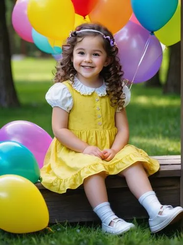 Down syndrome, girl, gentle smile, big eyes, curly brown hair, soft facial features, wearing a bright yellow sundress, white socks, black Mary Jane shoes, sitting on a wooden bench, surrounded by colo