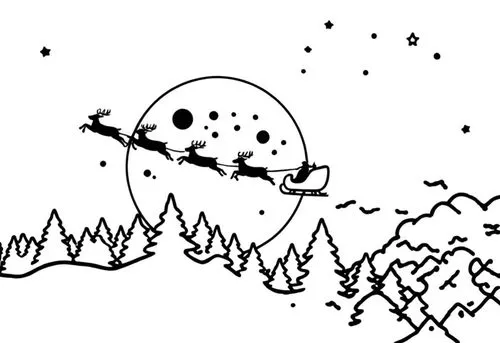 santa claus is riding his sleigh in the sky over the christmas tree and mountains,snow ball,snow slope,locoroco,snow mountain,snowglobe,snow drawing,Design Sketch,Design Sketch,Rough Outline