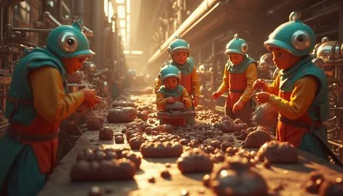 A group of diminutive, industrious Oompa Loompas and R2-D2's in vibrant, colorful attire, expertly crafting an assortment of chocolates and intricate sweets, in a futuristic, sci-fi inspired high-tech