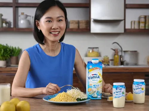 Imagine a TV commercial showcasing the health benefits of Vinamilk.,béchamel sauce,rice milk,powdered milk,rice flour,evaporated milk,mayonaise,nata de coco,rice bran oil,jasmine rice,commercial,lemon