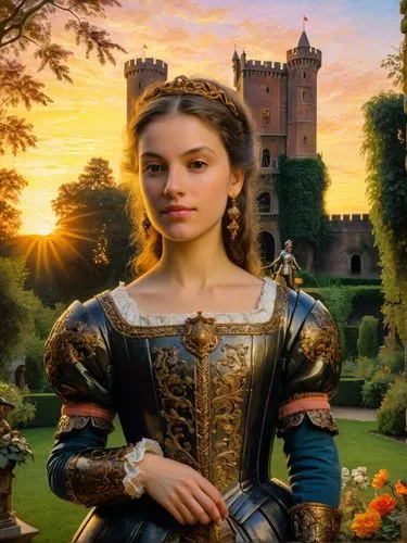 Pittura nello stile di Rembrandt van Rijn: La fiera principessa Barbara Gonzaga di Mantova si trova in un pittoresco giardino. Dietro di lei si trova un modello in miniatura di un fiero castello caval