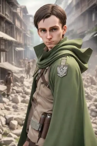 a male character is standing with a large jacket over his shoulders,erwin,male elf,shalka,varrick,bertolt,eren