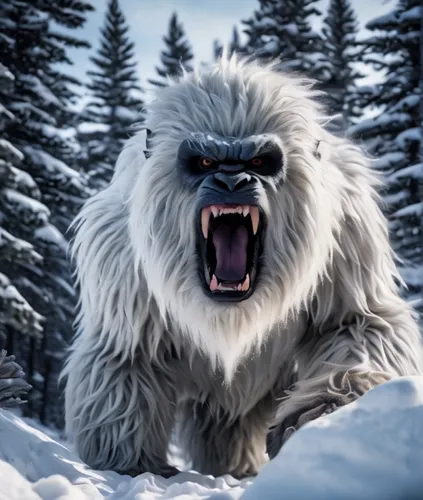 a serene high-quality,  Full body of a angry yeti, long white beard, open mouth with fangs, captured from a front camera while walking down a snowy path, surrounded by the towering peaks of the snow-c