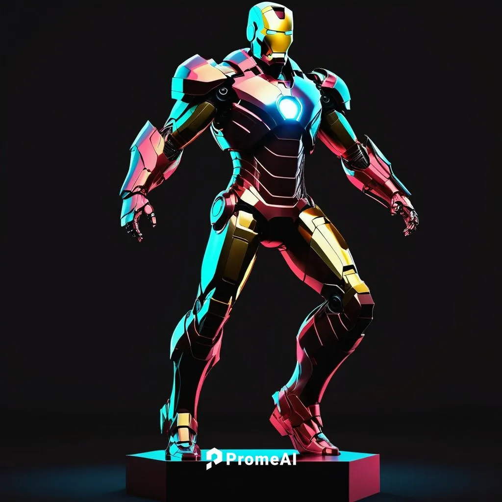 鋼鐵人的立體主義雕像，霓虹燈色調，全身，黑色背景,ironman,iron man,ultron,iron,3d figure,marvel figurine,3d man,steel man,metal figure,ironist,jarvis,3d model,ironsi,actionfigure,capitanamerica,marvelon,tony stark,superwasp,s