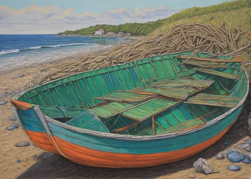 FLOTSAM AND JETSAM: 16 x 24 in: pastel,fishing boats,wooden boats,boat landscape,fishing nets,beach landscape,fishing boat,coastal landscape,wooden boat,fish traps,runswick bay,fishing net,fishing vil