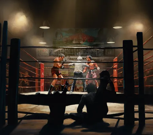 painting: 2 Boxers stands opposite ech other in a boxing ring inside a run down club, twilight, dirty and grimey atmosphere, people sit next to the ring,boxing ring,chess boxing,striking combat sports