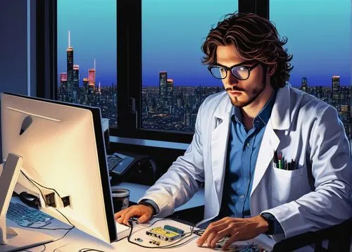 cartoon doctor,man with a computer,theoretician physician,sci fiction illustration,docteur,doctorandus,medical illustration,microscopist,epidemiologist,computerologist,electronic medical record,otacon,microsurgeon,investigadores,neurosurgeon,game illustration,cybertrader,doctorin,neuroscientist,pathologist,Illustration,Vector,Vector 14