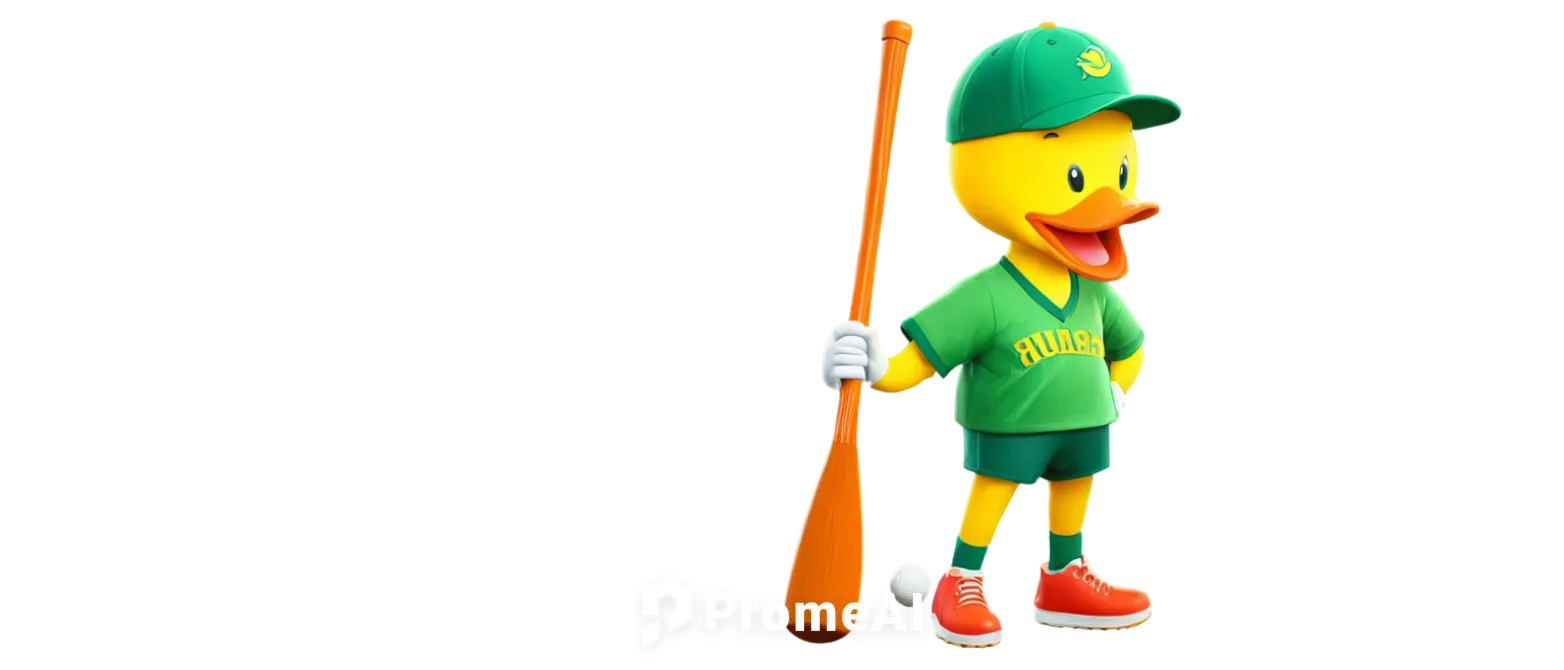 Yellow duck, sports logo, cartoon style, smiling face, bright eyes, green hat, sports jersey, baseball bat, soccer ball, basketball, tennis racket, dynamic pose, 3/4 composition, vibrant colors, gradi