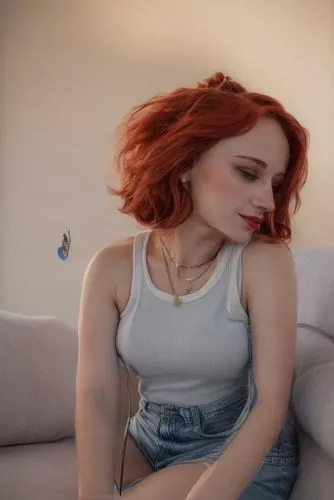 the portrait captures the majestic image of a beautiful caucasian girl, 23 years old, red hair, red lips, who now wears a blue top and mini jeans shorts sitting in a sofa in a modern living,red haired