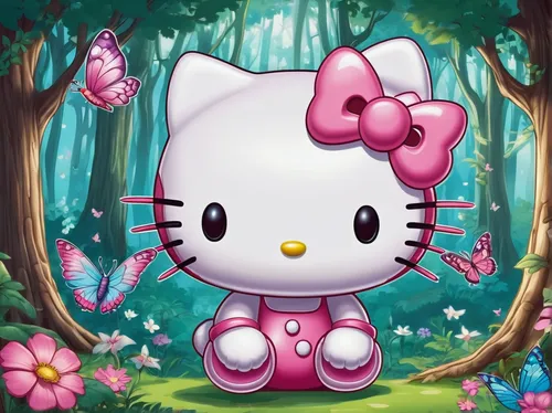 Imagine a Hello Kitty logo enveloped in a magical forest with fairies and butterflies.,cute cartoon character,cute cartoon image,spring background,blossom kitten,doll cat,springtime background,kawaii 