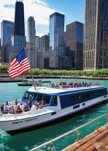 Chicago Architecture Boat Tour, 90-minute cruise, daytime, sunny sky, calm Lake Michigan water, Chicago cityscape, Willis Tower, John Hancock Center, Navy Pier, sailboats, speedboats, seagulls flying 