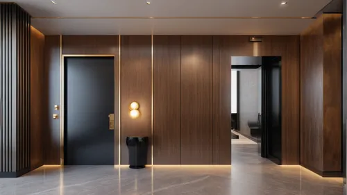 minimalist modern hallway with elevator and staircase,modern minimalist bathroom,hallway space,room divider,luxury bathroom,dark cabinetry,interior modern design,hinged doors,3d rendering,walk-in clos