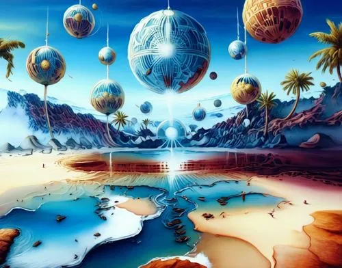 a painting shows a planet in the sky,cartoon video game background,futuristic landscape,delight island,summerland,fantasy world,alien planet,Illustration,Realistic Fantasy,Realistic Fantasy 15