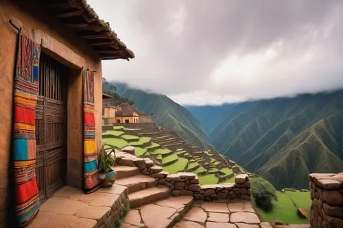 Acca architecture, ancient Inca style, stone walls, intricate stonework, rustic wooden doors, vibrant textiles, colorful woven bags, Andean patterns, terracotta rooftops, lush greenery, misty mountain