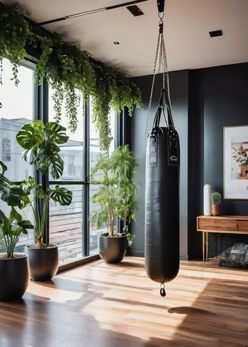 boxe,living room,sunroom,livingroom,loft,fitness room,modern decor,indoor,boxing,dojo,kickboxing,home interior,interior design,hanging plants,contemporary decor,great room,modern living room,modern room,interior modern design,apartment lounge,Illustration,Paper based,Paper Based 09