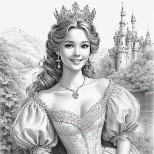 princess sofia,prinses,noblewoman,prinzessin,fairy tale character,princess anna,Illustration,Black and White,Black and White 30