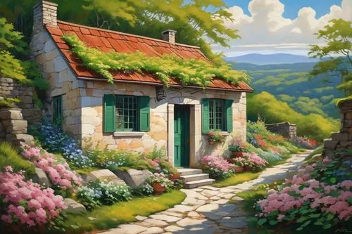 home landscape,summer cottage,cottage garden,cottage,country cottage,small house,little house,landscape background,springtime background,roof landscape,beautiful home,rural landscape,ancient house,spring morning,lonely house,coville,windows wallpaper,flower shop,splendor of flowers,green landscape,Illustration,Realistic Fantasy,Realistic Fantasy 21