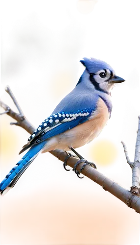 Blue jay bird, vibrant blue feathers, white chest, black necklace, curved beak, bright inquisitive eyes, perched on branch, solo, morning sunlight, shallow depth of field, warm color tone, cinematic l