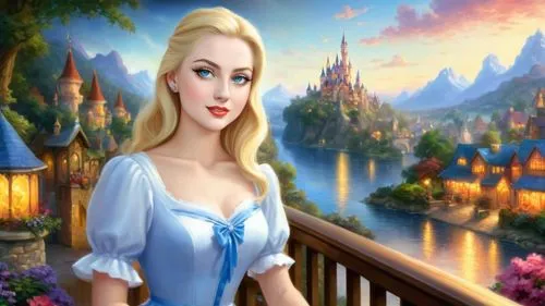 Romantic masterpiece oil painting, cute girl portrait, nostalgic 1950's style kitsch, breathtaking beautiful Disney kingdom landscape, majestic fantasy scenery, evening lighting, highly detailed highr