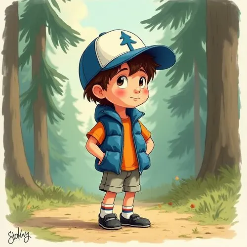 dipper,river pines,pines,kids illustration,cute cartoon character,hiker