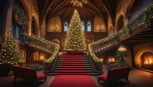 Fantasy Christmas scene, snow-covered trees, twinkling starry night sky, magical aurora borealis, festive lanterns, ornate Gothic architecture, grand staircase, lavish red carpet, regal throne, Santa'