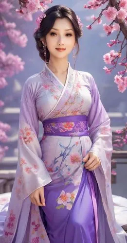 beautiful young woman 19 years old wearing chinese traditional costume in violet and purple color, big boobs, H-cup, short neck,  happy face, smiling,  elegant posture, blossom flowers in background,h