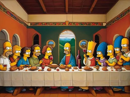 last supper,holy supper,simpsons,christ feast,simpson,flanders,groening,homer,stonecutters,homero,apostles,krabappel,homers,family dinner,thanksgiving background,marge,long table,almoravids,religious celebration,church painting,Illustration,Retro,Retro 05