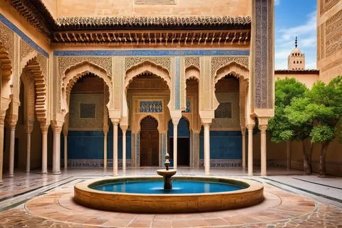 Mosque, Muslim Spain architecture, Alhambra-inspired, intricate geometric patterns, arches, domes, minarets, Islamic calligraphy, ornate tile work, Arabic script, Moorish style, Granada cityscape, war