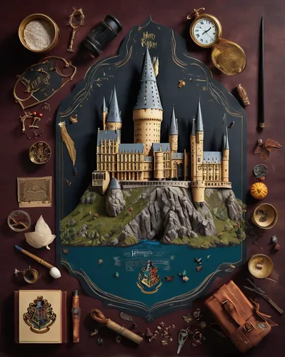 hogwarts,fairy tale icons,fairy tale castle,magic book,playmat,book cover,fairytales,3d fantasy,harry potter,fantasy city,cd cover,gold castle,fairy tale,fantasy world,magical adventure,fairy tales,fairytale castle,potter,wizardry,castles,Unique,Design,Knolling