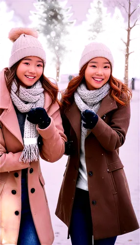 Winter scene, people playing in snow, smiling faces, rosy cheeks, bundled up in coats, hats, scarves, gloves, snow boots, snowflakes falling, soft focus background, warm lighting, 3/4 composition, sha