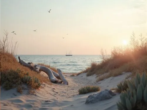 Coastal minimalist landscape, serene atmosphere, natural materials, driftwood, weathered stone, succulents, beachy grass, simple pathway, subtle lighting, warm sunset colors, gentle sea breeze, vast o