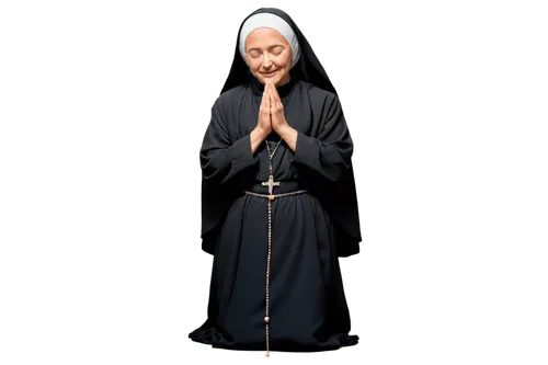 nuns, habit, wimple, rosary, cross, gentle smile, soft eyes, wrinkled hands, simple yet elegant clothing, white inner robe, black outer robe, veil, praying, kneeling, peaceful atmosphere, warm lightin