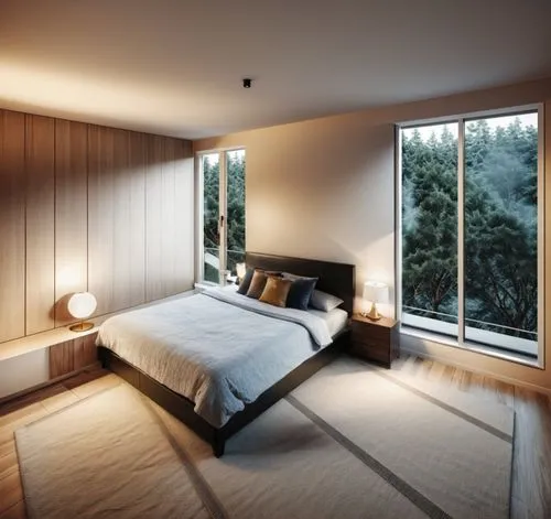 king size bed
,a bedroom with a large bed and lamps in it,modern room,sleeping room,bedroom window,japanese-style room,bedroom,guest room