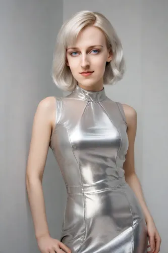 realdoll blonde shiny silver dress,silver,latex clothing,silvery,pixie-bob,photo session in bodysuit,silver lacquer,silver pieces,latex,a wax dummy,female model,pixie,metallic feel,cocktail dress,dres