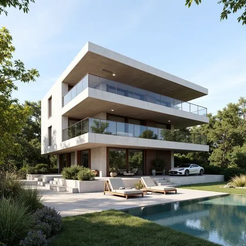  ,an outdoor lounge by the pool, with large modern architecture in the background,modern house,modern architecture,dunes house,house by the water,luxury property,luxury home