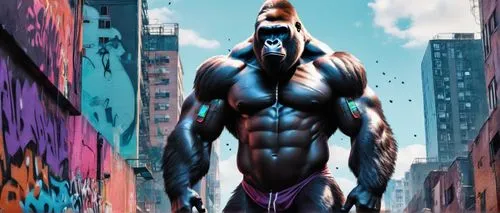 Shaved gorilla, masculine, strong build, intense gaze, rugged skin texture, muscular arms, broad chest, powerful legs, standing, posing, urban background, graffiti wall, cityscape, sunny day, dramatic