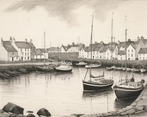 ROUNDSTONE HARBOUR, 1997 by Cecil Maguire RHA RUA (b.1930) at Whyte's Auctions,wherry,portbail,husavik,shetland,nubble,aberdeen,harbour,mull,fife,bornholm,fishing boats,galway hooker,kilbraur,boats in