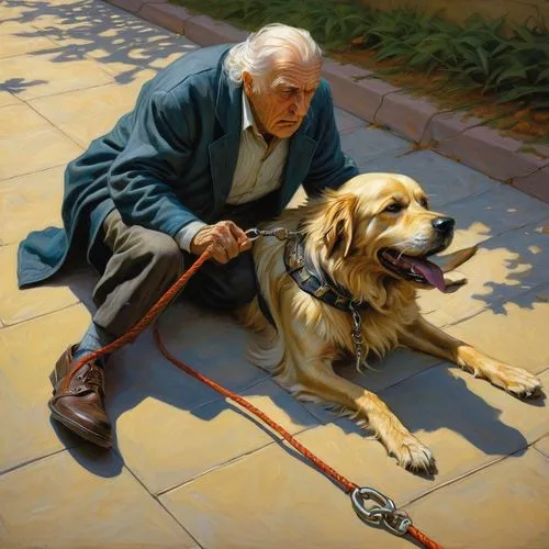 elderly man,companion dog,pensioner,fila brasileiro,boy and dog,elderly person,service dogs,service dog,pyrenean mastiff,retriever,mans best friend,old couple,girl with dog,old age,oil painting,elderly lady,grandfather,older person,elderly people,legerhond,Illustration,Realistic Fantasy,Realistic Fantasy 03