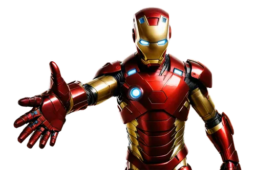 Iron Man, solo, Tony Stark, metallic suit, golden armor, repulsor glow, Arc Reactor, helmet with faceplate, muscular chest, mechanical arms, shoulder pads, red and gold color scheme, standing, heroic 