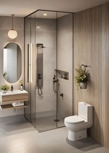 BATHROOM WITH WOODEN FINISH ON THE RIGHT WALL, ELEGANT TOILET, MODERN SHOWER WITH ALUMINUM DIVISION AND SOAP HOLDER. SHOWER WALL AND FRONT WALL WITH ELEGANT FINISH. WHITE SINK IN WOODEN CABINET. OVAL 