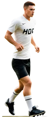 muscular man, free football player, solo, athletic build, short hair, sweat droplets, focused facial expression, white jersey, number 10, black shorts, football shoes, dynamic pose, kicking ball, jump