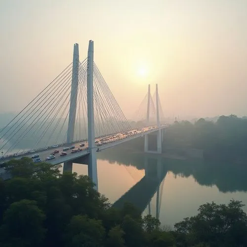 Modern vehicular bridge, minimalist architecture, sleek lines, silver metal beams, simple cable-stayed design, subtle LED lighting, misty morning atmosphere, gentle fog rolling in, calm river flowing 