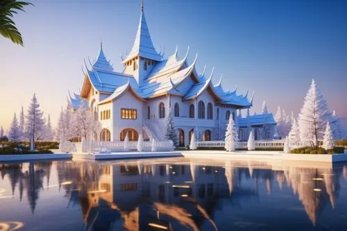 white temple,fairy tale castle,thai temple,ice castle,fairytale castle,buddhist temple complex thailand,dhammakaya pagoda,christmas house,winter house,chiang rai,finnish lapland,lapland,holiday villa,asian architecture,north pole,snow house,snow roof,ice hotel,christmas landscape,wooden church,Photography,General,Realistic