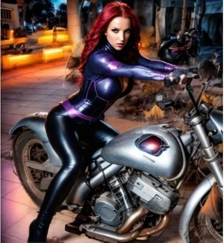 black widow,starfire,motorcycle racer,motorcycle,motorbike,motorcycle fairing,scarlet witch,motorcyclist,motorcycle drag racing,motorcycling,motor-bike,harley,biker,super heroine,latex clothing,motorcycle helmet,motorcycles,catwoman,fantasy woman,motorcycle battery