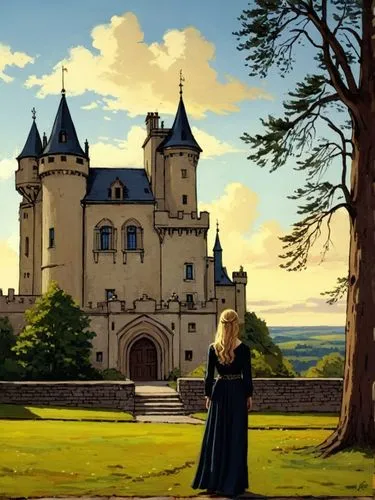 The painting depicts a young princess standing majestically in front of her father's magnificent castle. The castle rises up in the background.
The princess herself is dressed in a simple black gown a