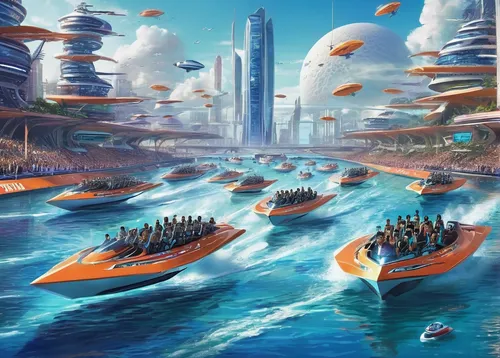 futuristic landscape,regatta,harbour city,pedalos,sci fiction illustration,artificial islands,fantasy city,sea scouts,floating islands,boat rapids,ship traffic jam,atlantis,pedal boats,alien world,kayaks,city cities,airships,shanghai disney,cg artwork,sea fantasy,Conceptual Art,Sci-Fi,Sci-Fi 04