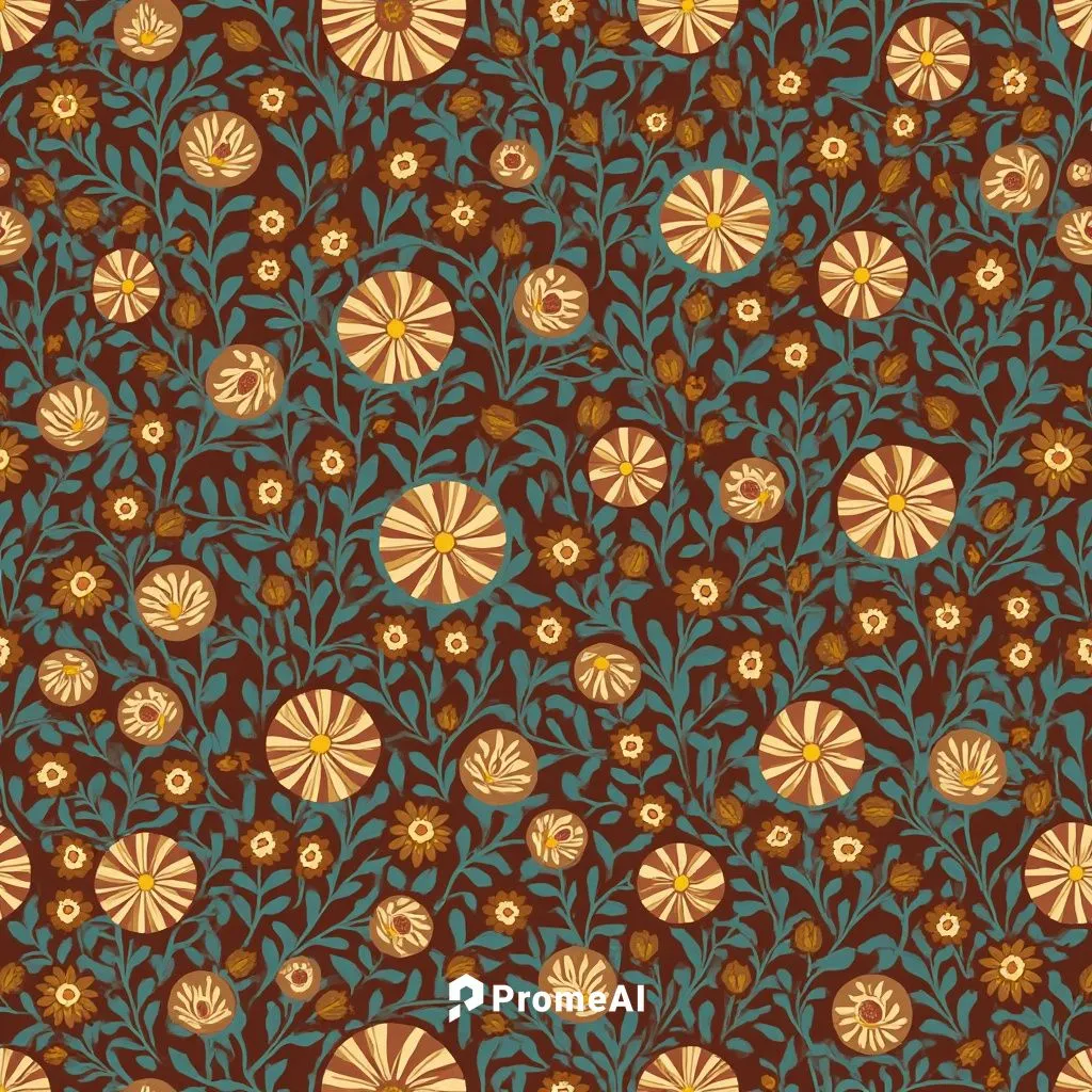 A seamless art nouveau floral pattern with the following color palette: #335c67 Deep Teal, #fff3b0 Light Cream, #e09f3e Orange-Yellow, #9e2a2b Deep Red, #540b0e Dark Maroon. The pattern features inter